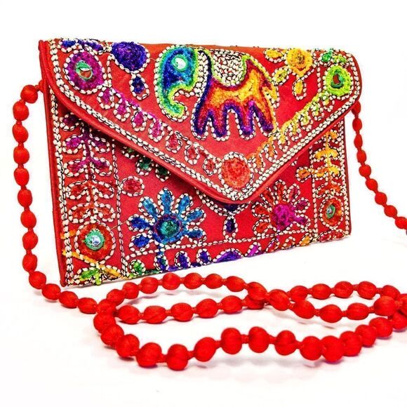 Red Textile Embroidered Envelope Clutch Purse India Elephant - Picture 8 of 9